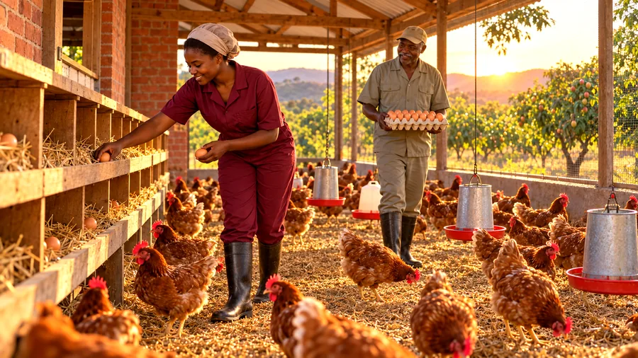 A farmer collecting eggs from nest boxes in a layer run while another carries a tray of eggs